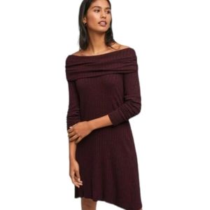 NWOT! Gorgeous Michael Stars Burgundy Ribbed Off Shoulder Swing Midi Dress, Sz M